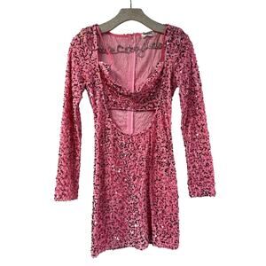 Miss8 Velvet Cutout Pink Sequin Dress Medium Stretchy Long Sleeve Mini Sparkly